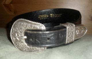 Ariat McAllen Black Floral Tooled Belt with Texas Stars in Size 34