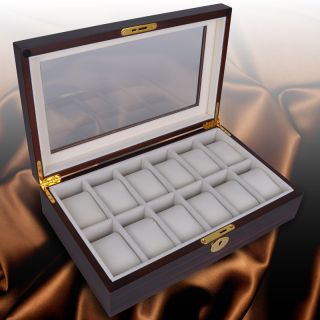 Mens Style Walnut Wood Watch Display Case Glass Top Jewelry Box