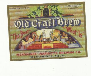 IRTP Old Craft Brew Label Beer Menominee of Menominee MI 32oz