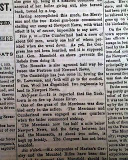 Monitor vs Merrimack Ironclads 1862 Civil War Newspaper