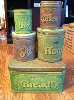 Vintage 1977 R D Co Metal Tin Canister Set 5 Piece Including Bread Box