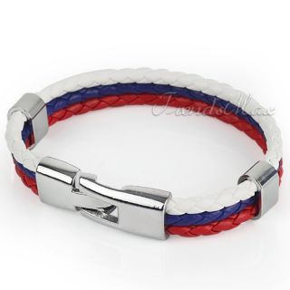MENS White Blue Red Braid Rope Russia Flag Surfer Leather Bracelet
