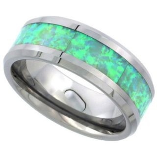 8mm Tungsten Wedding Band Ring w Green Lab Opal Inlay RTN481