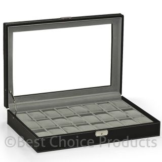 Watch Box Large 24 Mens Black Leather Display Glass Top Jewelry Case