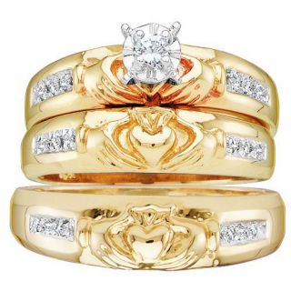 Ladies Mens Diamond Claddagh Engagement Wedding Ring Bridal Set 10k