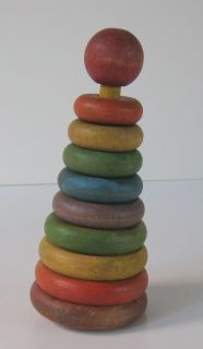 Vintage Antique 10pc Stained Wooden WOBBLING STACKING RING TOY display