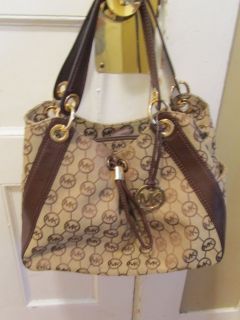 Michael Kors Ludlow Handbag Beige MK Signature Pattern w Brown Leather