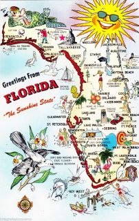 1957 Greetings from Florida Cartoon State Map Unused Mid Century