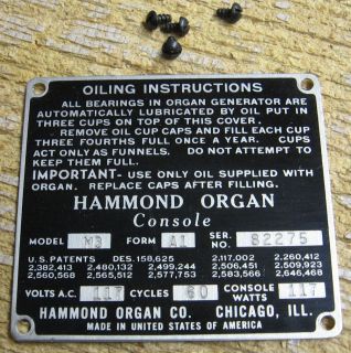 Hammond Organ M3 Model Serial No ID Plate Form A1