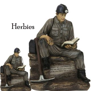 Classic Coal Miner Reading The Bible Figurine Statue New in Gift Box
