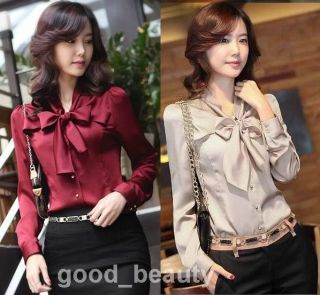 Korea Korean Women Long Sleeve Bowknot Vintage Shirts Lady Bowtie OL
