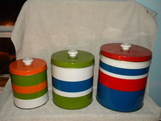CLARK WEIBRO TIN METAL CANISTER SET RETRO 3 PC. RED WHITE BLUE