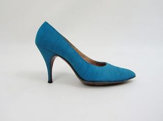 50s 60s Shoes Designer Stiletto Heels Peacock Blue Size 6 SAKS PACELLE