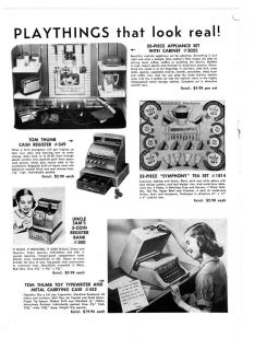 1957 AD TOYS TOM THUMB TYPEWRITER, CASH REGISTER,COLOR SLINKY, FUZZ