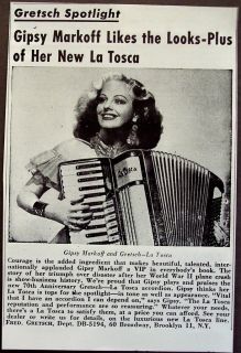 1954 Musical Instrument Ad Gipsy Markoff w/ Gretsch La Tosca accordion
