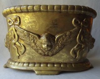 BEAUTIFUL LARGE GOLD CERAMIC CHERUBS ANGELS FOOTED PLANTER