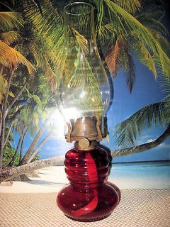 OLD ANTIQUE DEEP RUBY RED GLASS OIL KEROSENE LAMP WITH BURNER AND