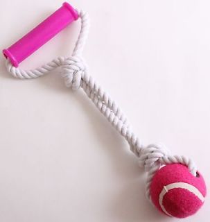 NEW PET DOG TUG A WAR TOY ROPE WITH BALL PLASTIC HANDLE PINK AND WHITE
