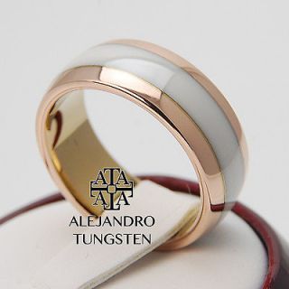 Alejandro Tungsten Carbide 8MM Rose Gold White Inlay Ring Band Size 13
