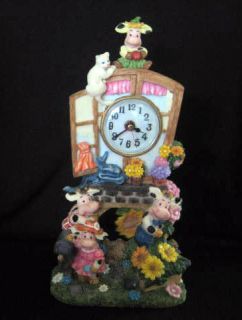 Large Working Resin Cow Clock with Pendulum Cows and Cat Very Cute