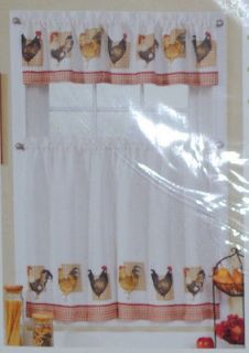 French Rooster~Window Curtain Set~Country Kitchen~Red Plaid~Tan Check