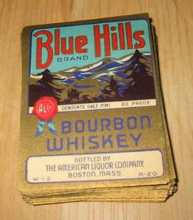 100 1930s BLUE HILLS Bourbon Whiskey LABELS Half Pint