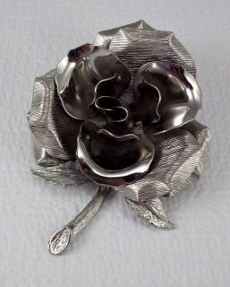Vintage Large Rose Flower Brooch Figural pin 3D Silvertone jewelry 3 3