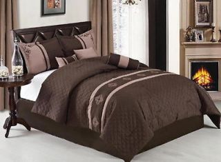 19 PC Comforter Curtain Sheet Set Brown Embroidery King Size Bed in a