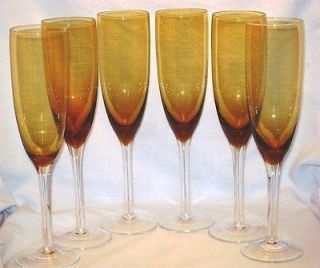 Amber Crystal Champagne Flutes 8 oz Clear Stems Brown Mid C Vtg Wine