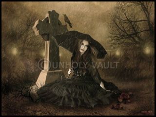 Gothic Victorian Dark Art Cemetery Celtic Cross Mourning Rain Girl