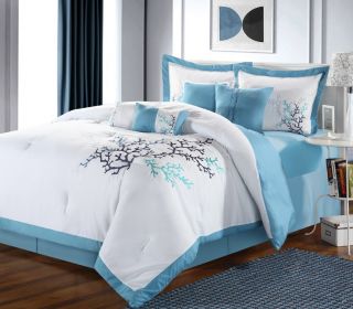 Coral Leaf Blue, Aqua, White King 8 Piece Comforter Bed In A Bag Set