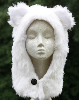 Polar bear faux white fur animal hat furry ears fleece lined ski cap