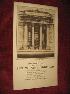 Vintage WWII 1942 Calendar Bridgeport CT Peoples Saving Bank 100th