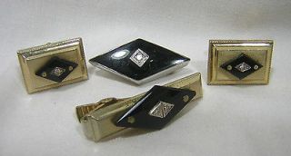 Vintage Art Deco Anson Black Onyx and Diamond Cufflinks Tie Clasp