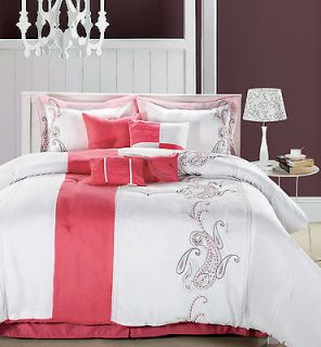 Ann Harbour White & Rose 8 Piece King Comforter Bed In A Bag Set NEW