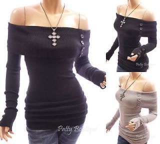 Sexy Off Shoulder Buttons Long Sleeve Tunic Sweater