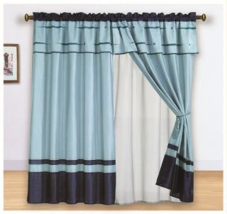 8PC Blue *Geo Link* Faux Silk Window Curtain Set **