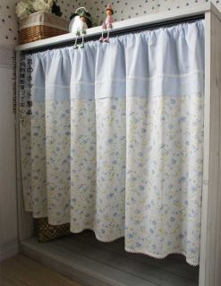 Elegant Blue Flower Cotton Cafe Curtain with Lace Rod Pocket Top