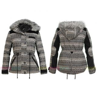 Ladies Aztec Najavo Wool Drawstring Cord Fur Trim Hooded Coat Jacket