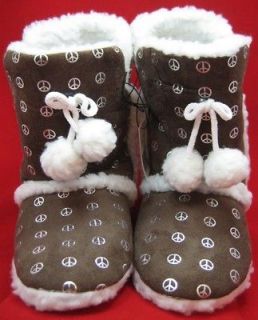Womens Brown Silver Peace Signs Boot Slippers Retro Hippie Pom Poms