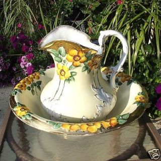 ANTIQUE WHEELING POTTERY LA BELLE CHINA YELLOW FLORAL PITCHER & BASIN
