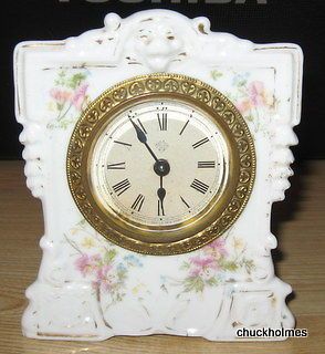 Antique ANSONIA Porcelain Mantle Clock Flowers
