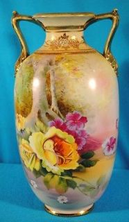 ANTIQUE HAND PAINTED NIPPON PORCELAIN HANDLED VASE FOREST SCENE WITH