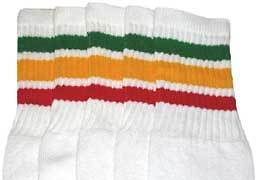 19” MID CALF WHITE tube socks with GREEN/GOLD/RED rasta stripes