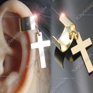 Cross Dangle Ear Cuff Clip Stud Wrap Crystal Earrings Goth Punk Rock
