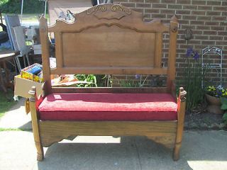 Repurposed Antique Wood Bed Frame 2 Person Sitting Bench Red Velvet