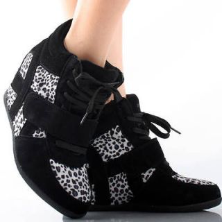 Black Gray Leopard Suede Animal Print Lace Up Velcro Hidden Wedge