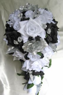 Bridal bouquet wedding arrangements Silk flower BLACK WHITE SILVER