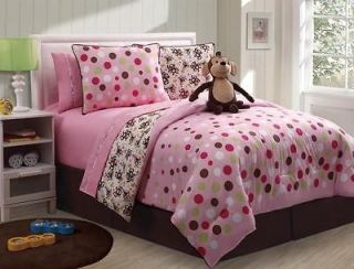FULL Girls Reversible Pink Brown MONKEYS POLKA DOTS 9p Comforter