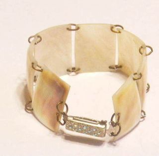 Mother Of Pearl Link Bracelet w/ AB Aurora Borealis Rhinestone Clasp